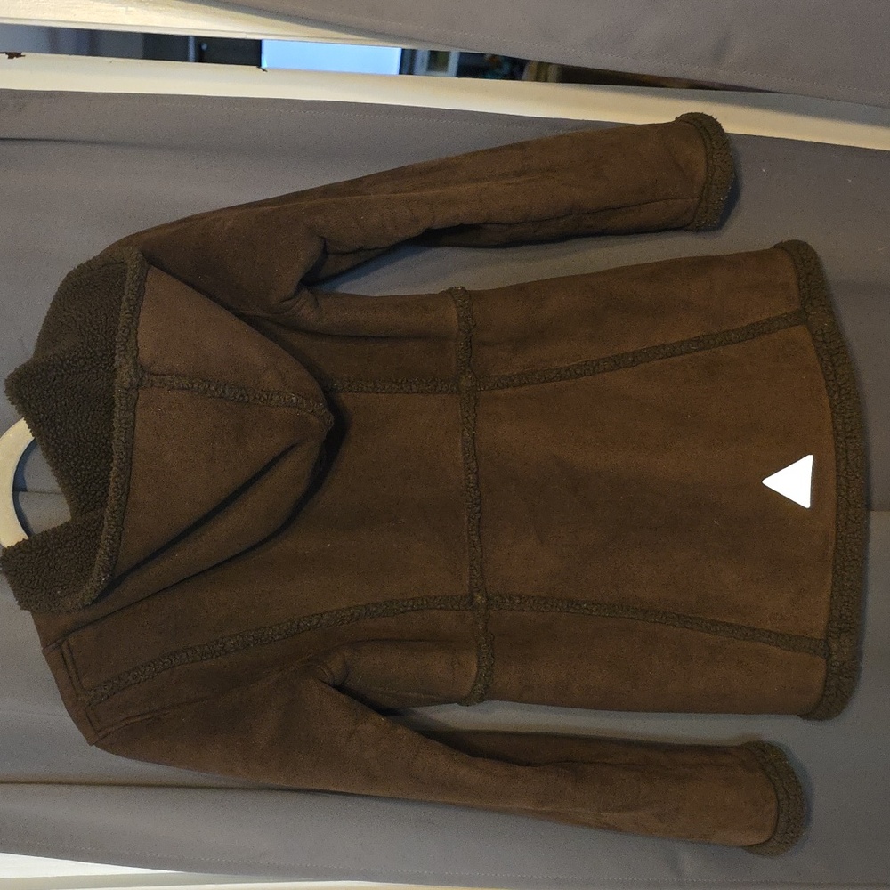 L. L. Bean Girls Faux Brown Suede Hooded Jacket Sherpa Lining Trim  L/14-16 READ - Picture 7 of 13